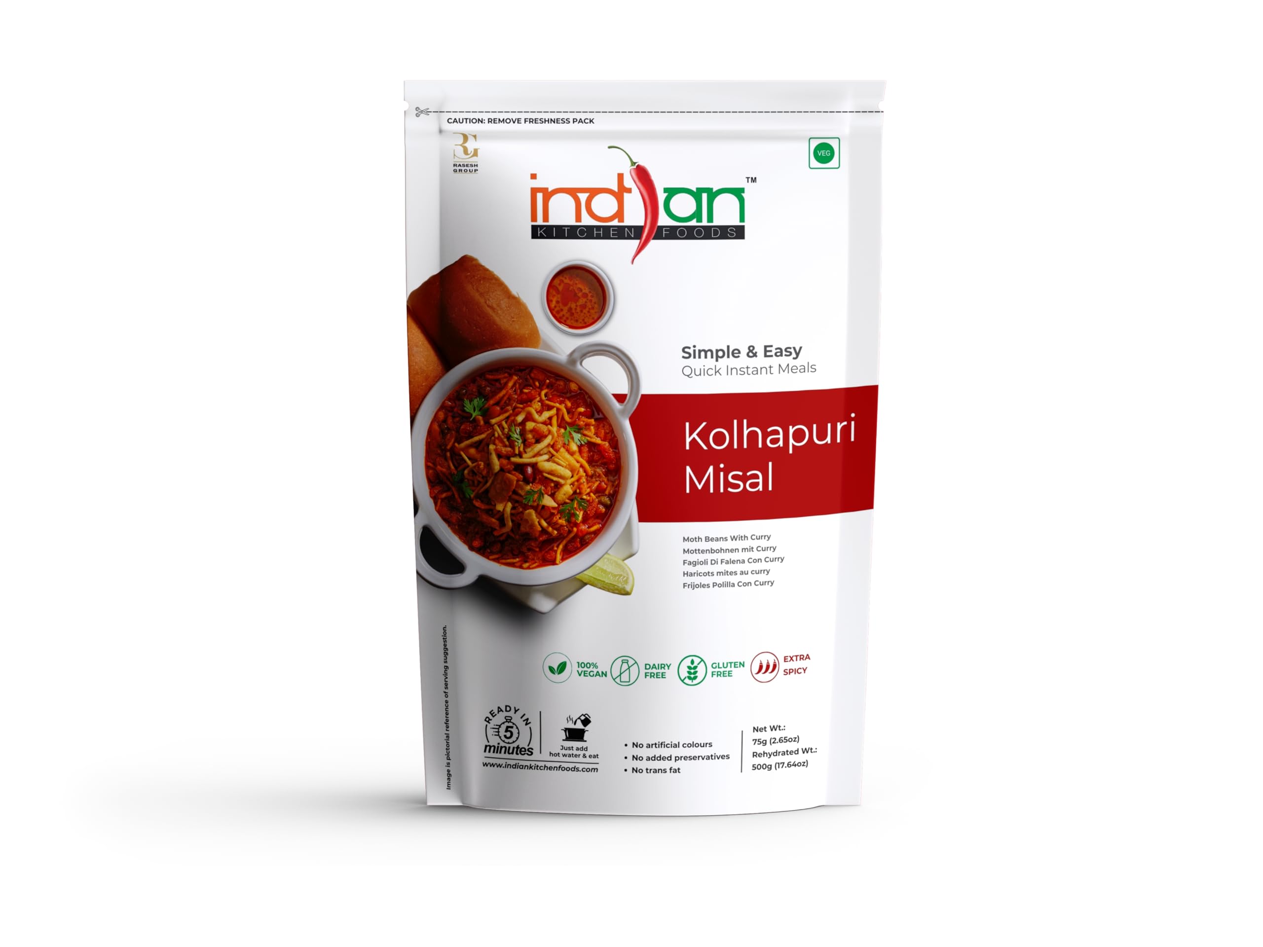 Indian Kitchen Foods Kolhapuri Misal - Freeze Dried, Gluten-Free, Ready-to-Eat Indian Vegan Meal