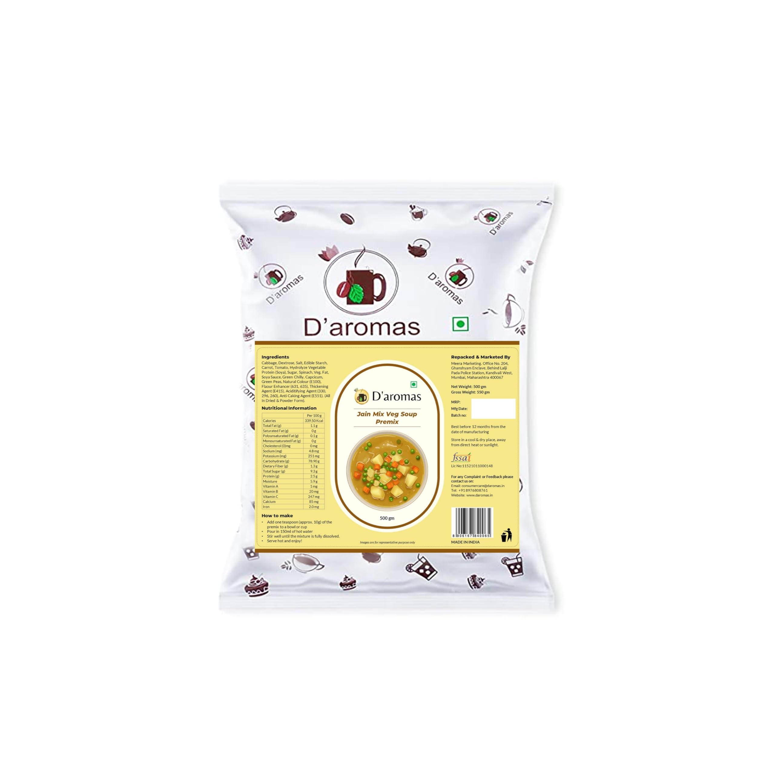 D'aromas Instant Mix Veg Soup 10Kg, Instant Premix Powder With No Onion & No Garlic, Instant Mix Powder, Veg Soup, No Artificial Flavour & Colour (Each 500gm) (Pack Of 20)