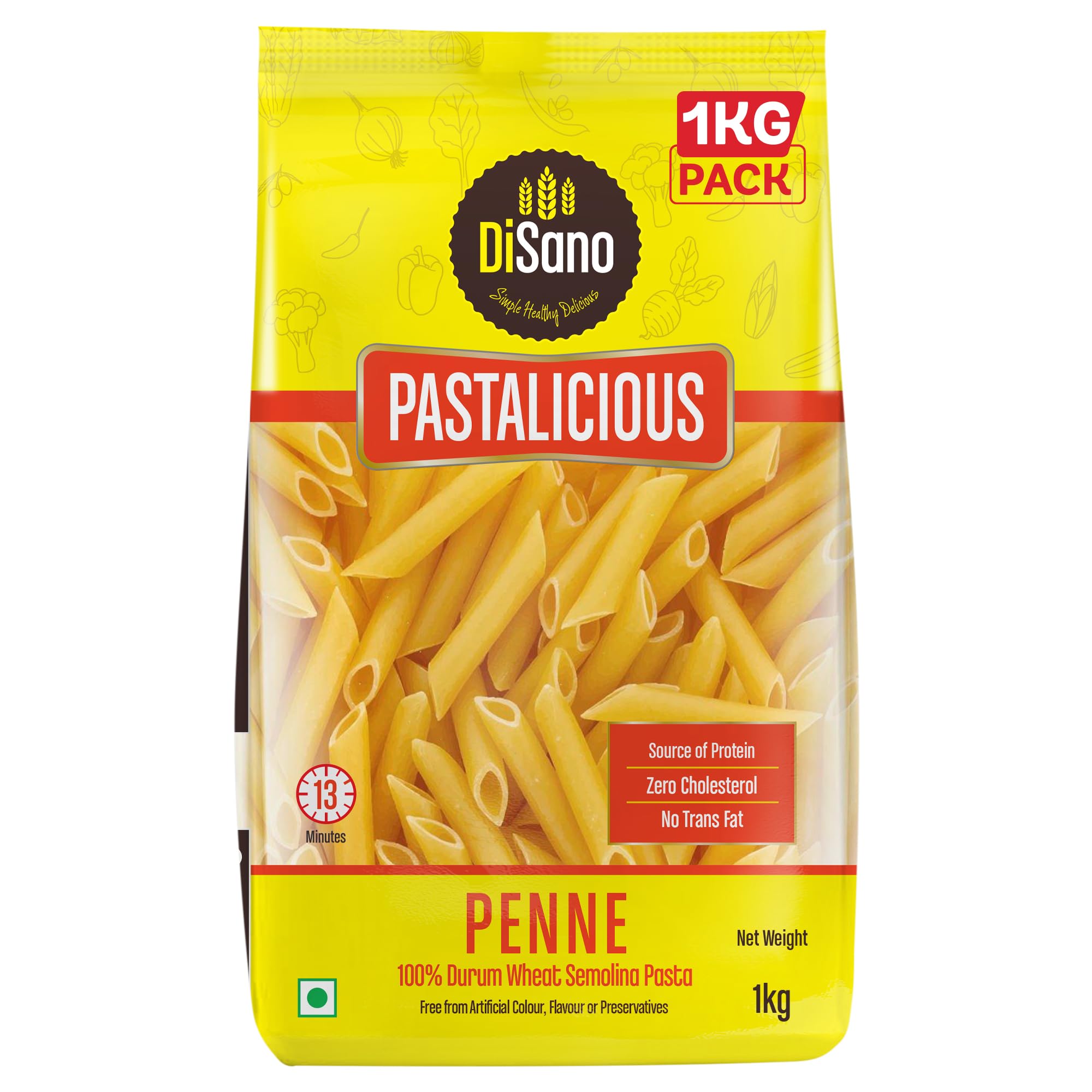 DiSano Penne Pasta 1kg, Healthy Pasta, Made with 100% Durum Wheat Semolina, 100% Suji, No Maida, Source of Protein & Fibre, Non-Sticky
