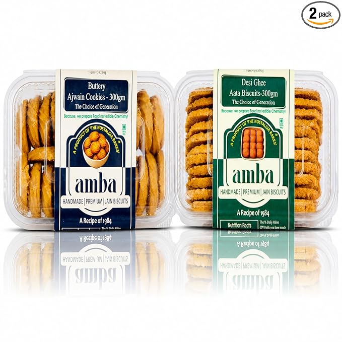 Amba Handmade Premium Jain Biscuits Combo | Buttery Ajwain Cookies & Desi Ghee Aata Biscuits | Traditional Bakery Style Cookies | 300g Each