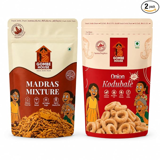 Gombe House Kodubale & Madras Mixture 120g Each (Pack of 2, 240g Total) Crispy South Indian Namkeen Snack Combo Traditional Tea Time Snack Vegan No Preservatives Homemade Taste Ready to Eat