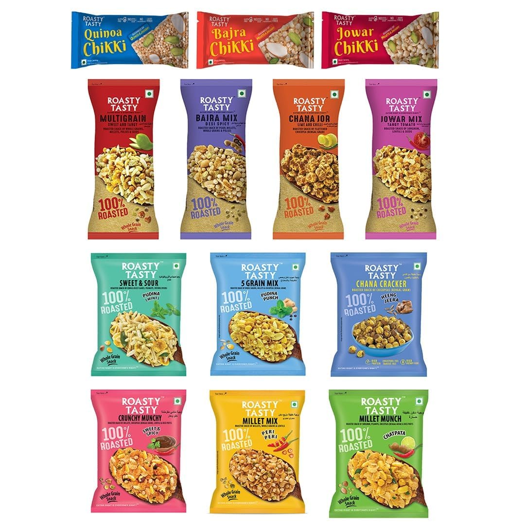 Roasty Tasty Assorted Healthy Snacks & Sweets Pack of 13 | Roasted Namkeen Snack & Millet Chikki Bar Mix | Sugar Free Chikki | Palm Oil Free Lite Namkeen | Diet Namkeen Combo for Adults |