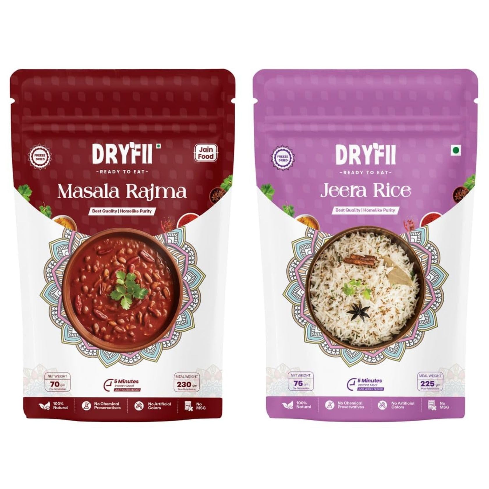 Dryfii Ready-to-Eat Instant | Jain Masala Rajma & Jeera Rice | Pure Veg | Freeze Dried | No Onion, No Garlic | Rehydrated Weight 455 g