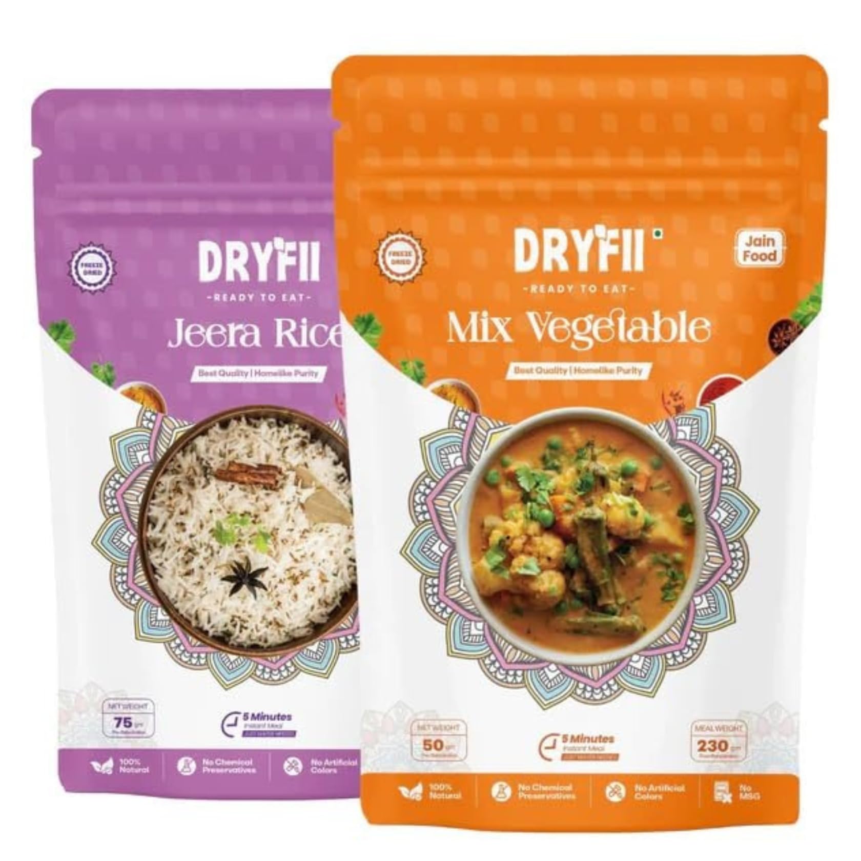 Dryfii Ready-to-Eat Instant | Jain Mix Vegetable & Jeera Rice | Pure Veg | Freeze Dried | No Onion, No Garlic | Rehydrated Weight 455 g