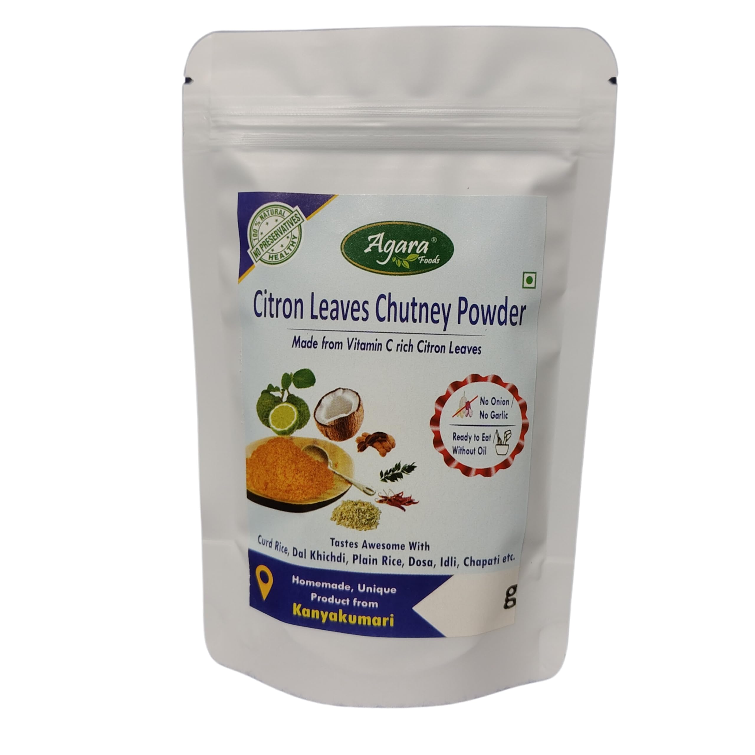 Agara Citron Leaves Chutney Powder - 100 g x 2 packs - Pure Natural - Healthy Digestive Aid - Homemade - Ready to Eat - No Preservatives - Rich Taste - Unique Product Available Only from Agara Foods, Kanyakumari