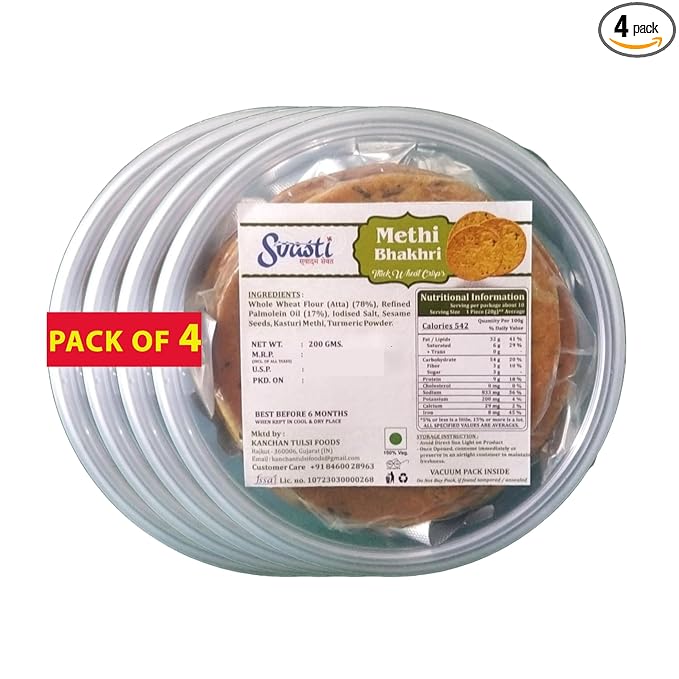 Svasti Dry Whole Wheat Methi Bhakhri Snacks - 200 gms (Pack Of 4) | Roasted Healthy Gujarati Snacks | No Maida | No Artificial Colours | No Onion & No Garlic | Vacuum Packed