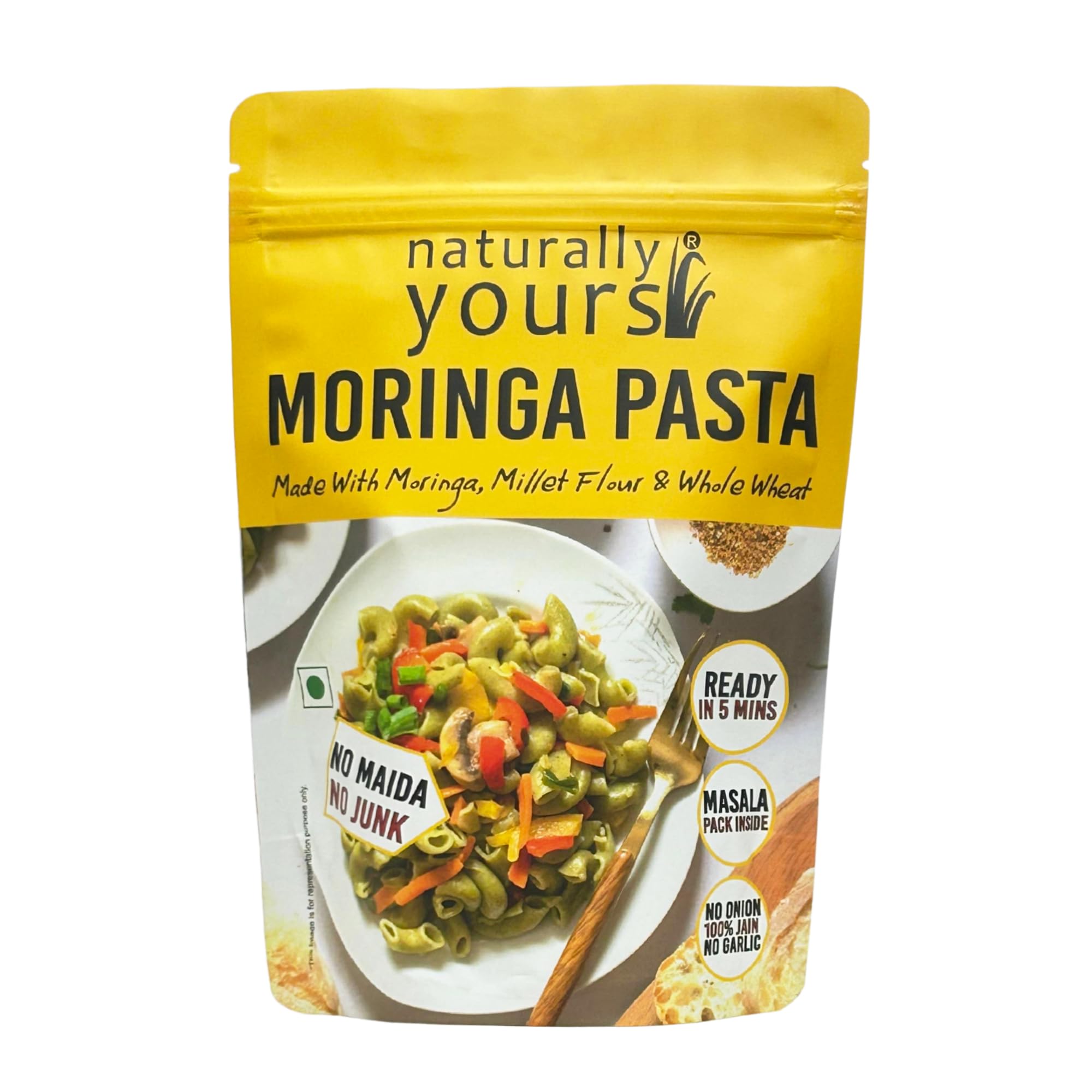 Naturally Yours Moringa Macaroni Pasta | Shigru Leaf, Millet & Whole Wheat | No Maida, Not Fried | No Onion No Garlic, Jain Friendly | High Protein | Ready in 5 Minutes | 175g Pack