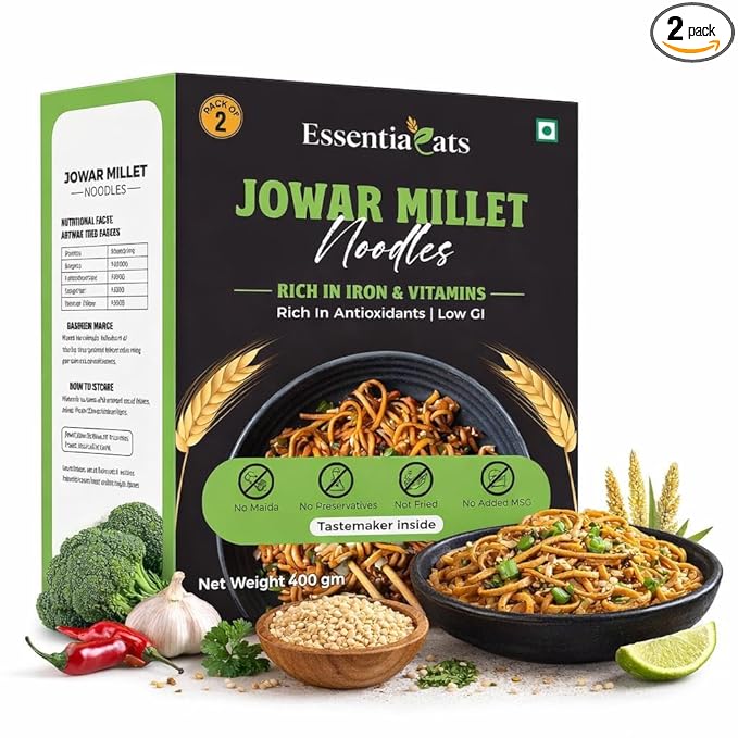 Essentiaeats Jowar Millet Noodles Includes Tastemaker 400g Pack of 2, No Maida Not Fried No Preservatives No MSG Healthy Hakka Noodles Ready to Cook