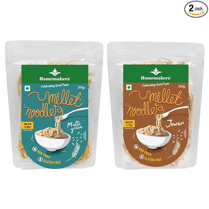 Homemakerz Multigrain & Jowar Millet Noodles, Natural, Preservative, Gluten & Fat Free, Not Fried & No Oil, Zero Maida & Wheat, Healthy & Tasty Hakka Millet Noodles (Pack of 2, 200g Each)