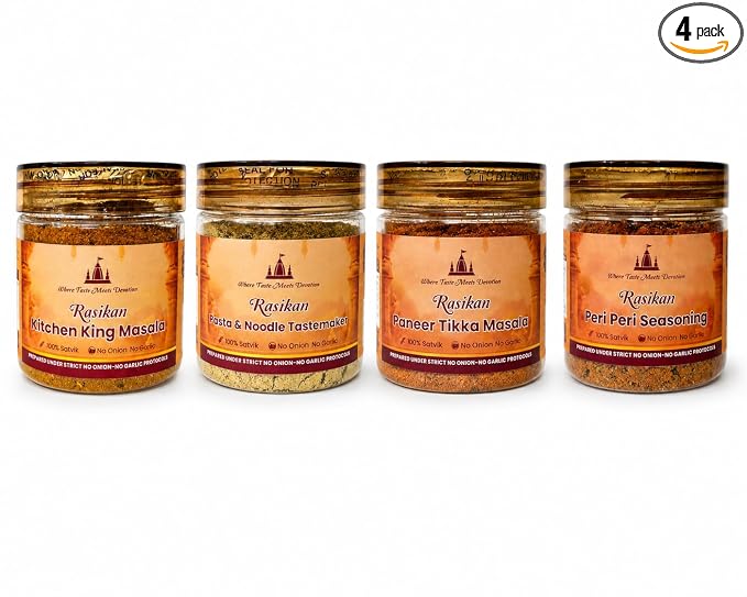 Rasikan Jain Satvik Masala Combo – Peri Peri, Kitchen King, Pasta Noodle & Paneer Tikka (320g) | No Onion No Garlic | Freshly Ground Small Batch Spices | No Added Colour or Preservatives | Perfect for Bhog, Satvik & Everyday Cooking