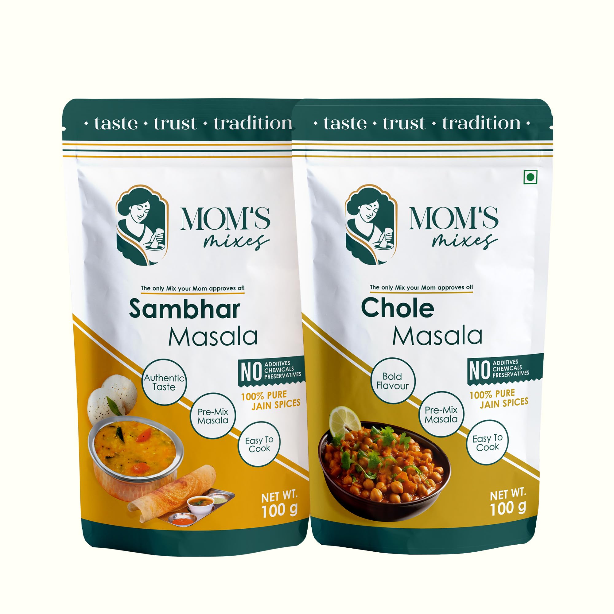 Mom’s Mixes Combo of 2 | Sambhar Masala + Chole Masala | 100% Pure Jain Premix Spices | No Onion No Garlic | No Preservatives | No MSG | No Added Colours | 200g