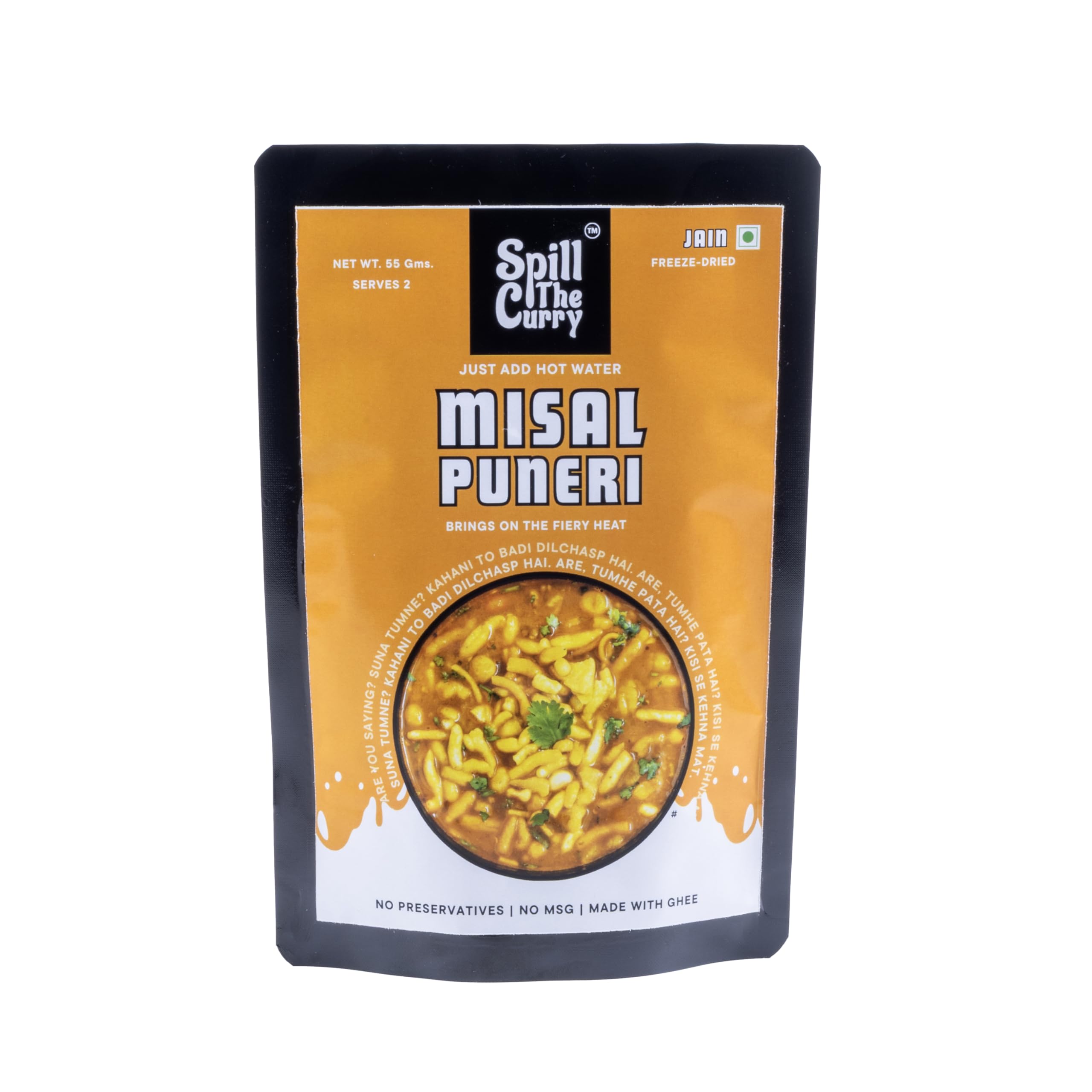 SPILL THE CURRY Puneri Misal Jain Ready to Eat | No Onion No Garlic | Authentic Maharashtrian Misal | Freeze-Dried Instant Meal | Pure Ghee, No Preservatives, MSG-Free | Travel & Hostel Friendly | Pack of 1 (55g)