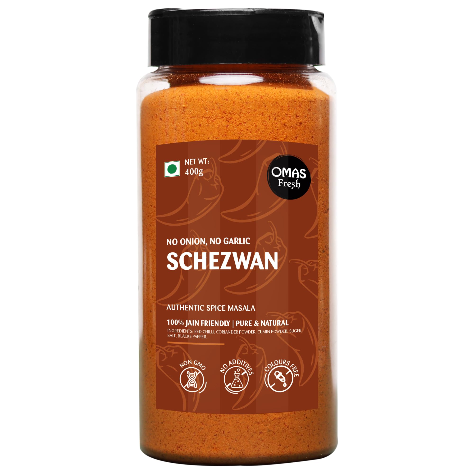Omas Fresh Jain We-Desi Schezwan Seasoning | No Onion, No Garlic Masala Best for Making Noodles, Pasta, Fried Rice, Nachos (400g) Big Saver Pack