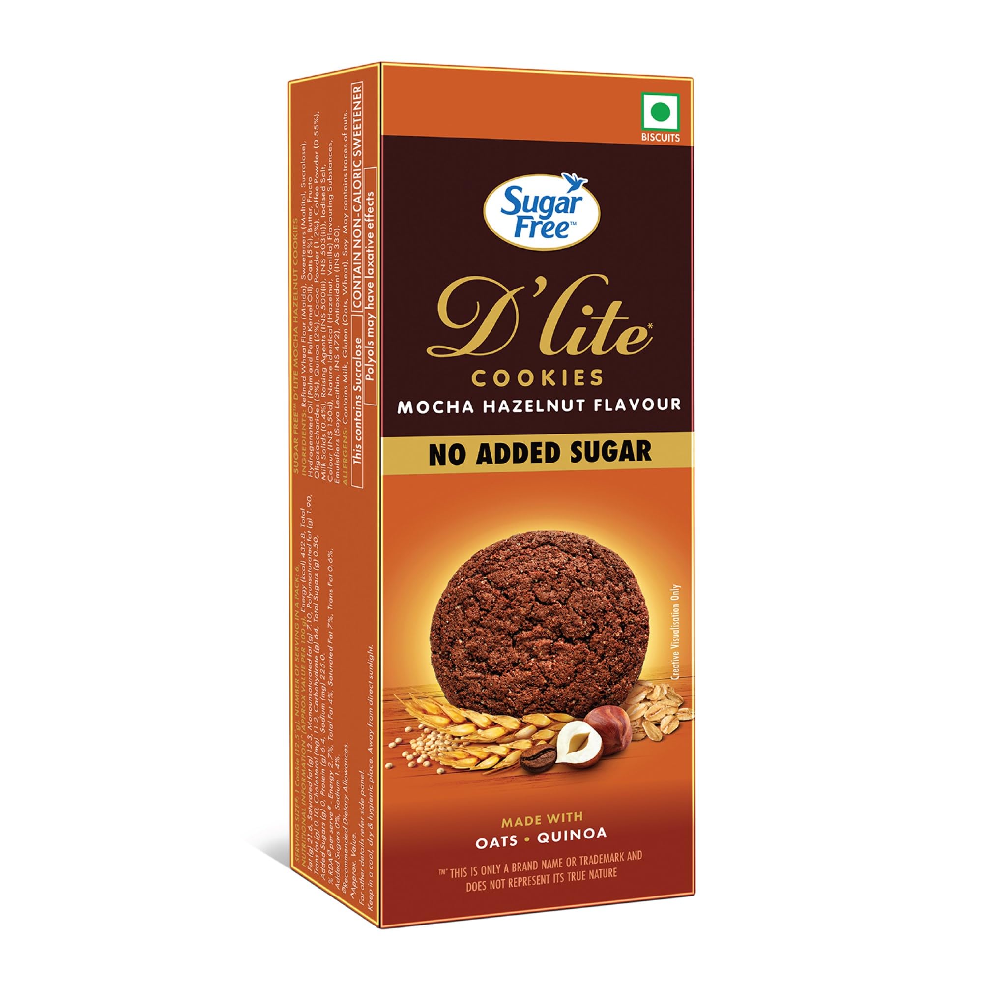 Sugar Free D'lite Mocha Hazelnut Flavour Cookies | Zero Added Sugar | Made With Oats & Quinoa, 75 Gram