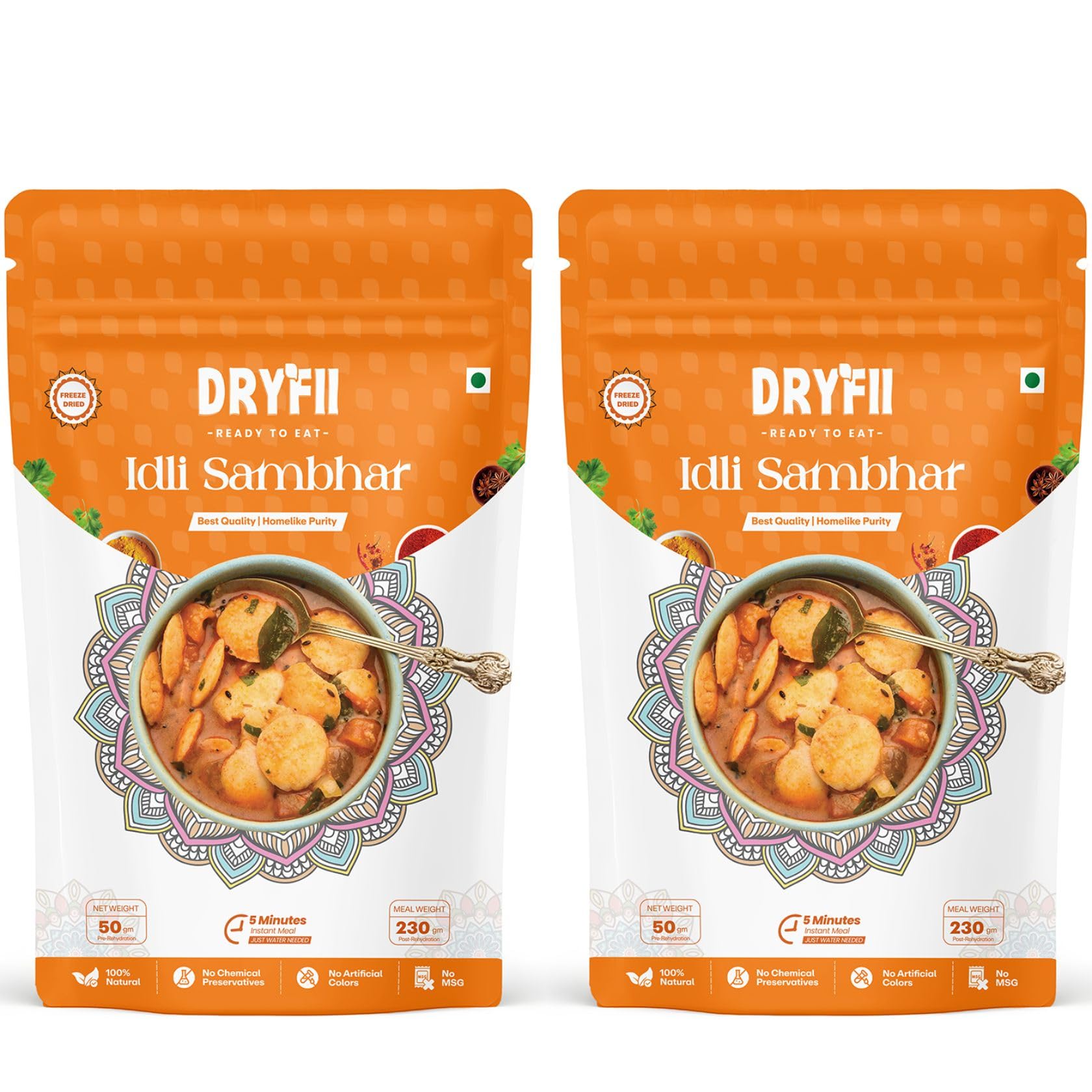 Dryfii Ready-to-Eat Instant Idli Sambhar | Pure Veg | Freeze Dried | Suitable for Jain | Rehydrated Weight 460 g