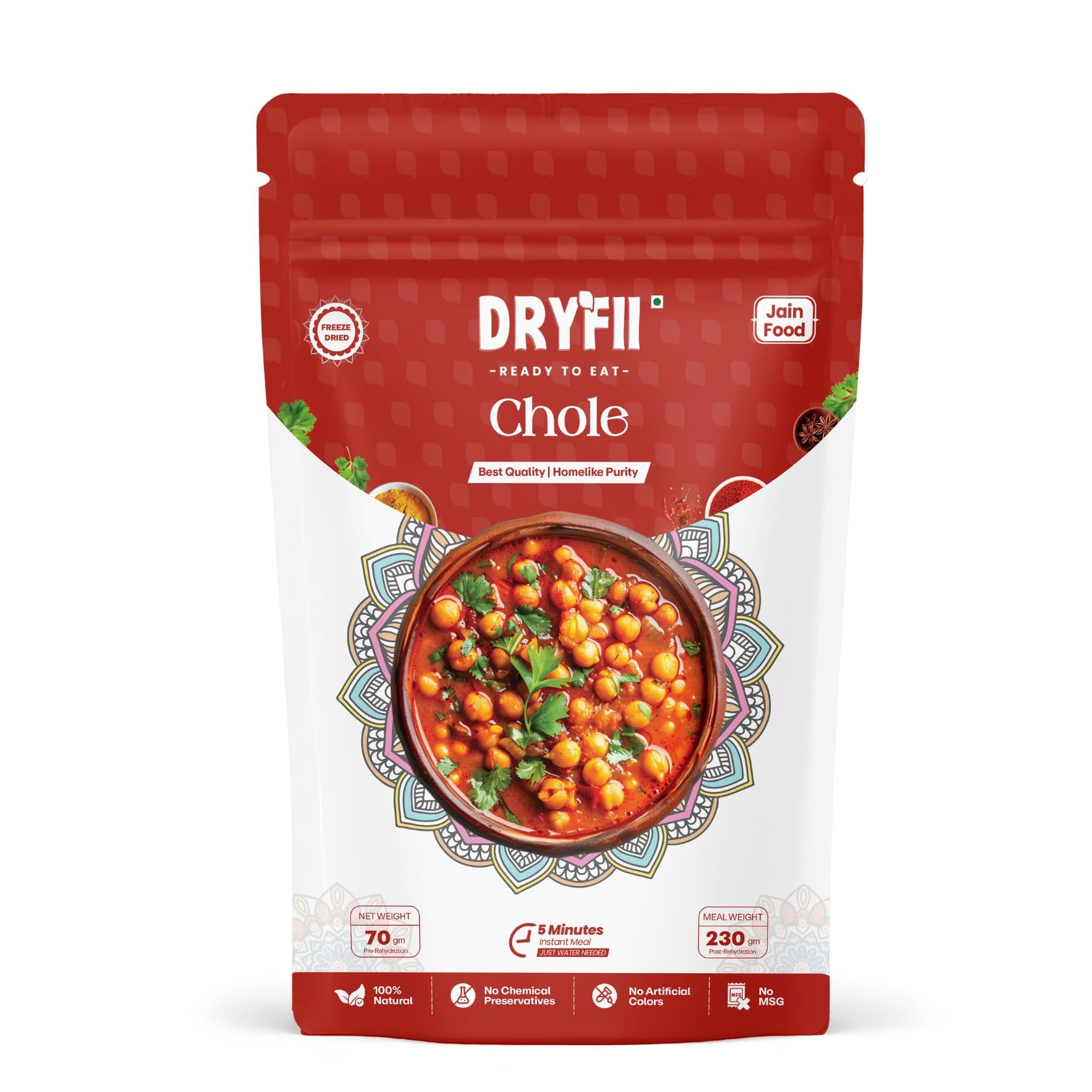 Dryfii Ready-to-Eat Jain Chole – 100% Pure Veg | No Onion, No Garlic | Freeze-Dried for Freshness | Ready in Minutes Instant | Rehydrated Weight 230 g