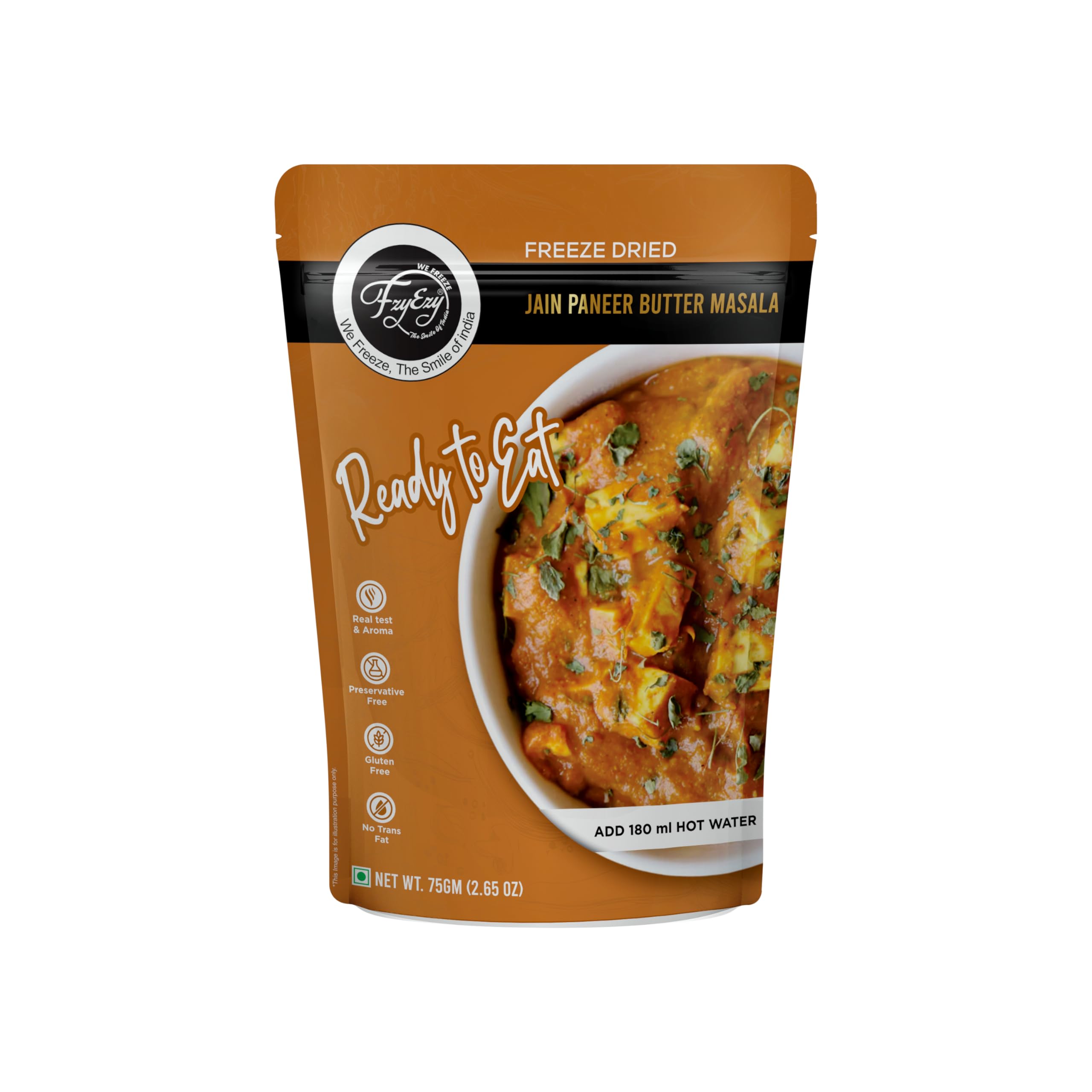 FzyEzy Freeze-Dried Jain Paneer Butter Masala – 75g | Instant Jain Indian Cuisine | Authentic No Onion, No Garlic Paneer Butter Masala Gravy | Jain Vegetarian Gourmet Delight | Ready-to-Eat | Gluten-Free | Preservative-Free Meal