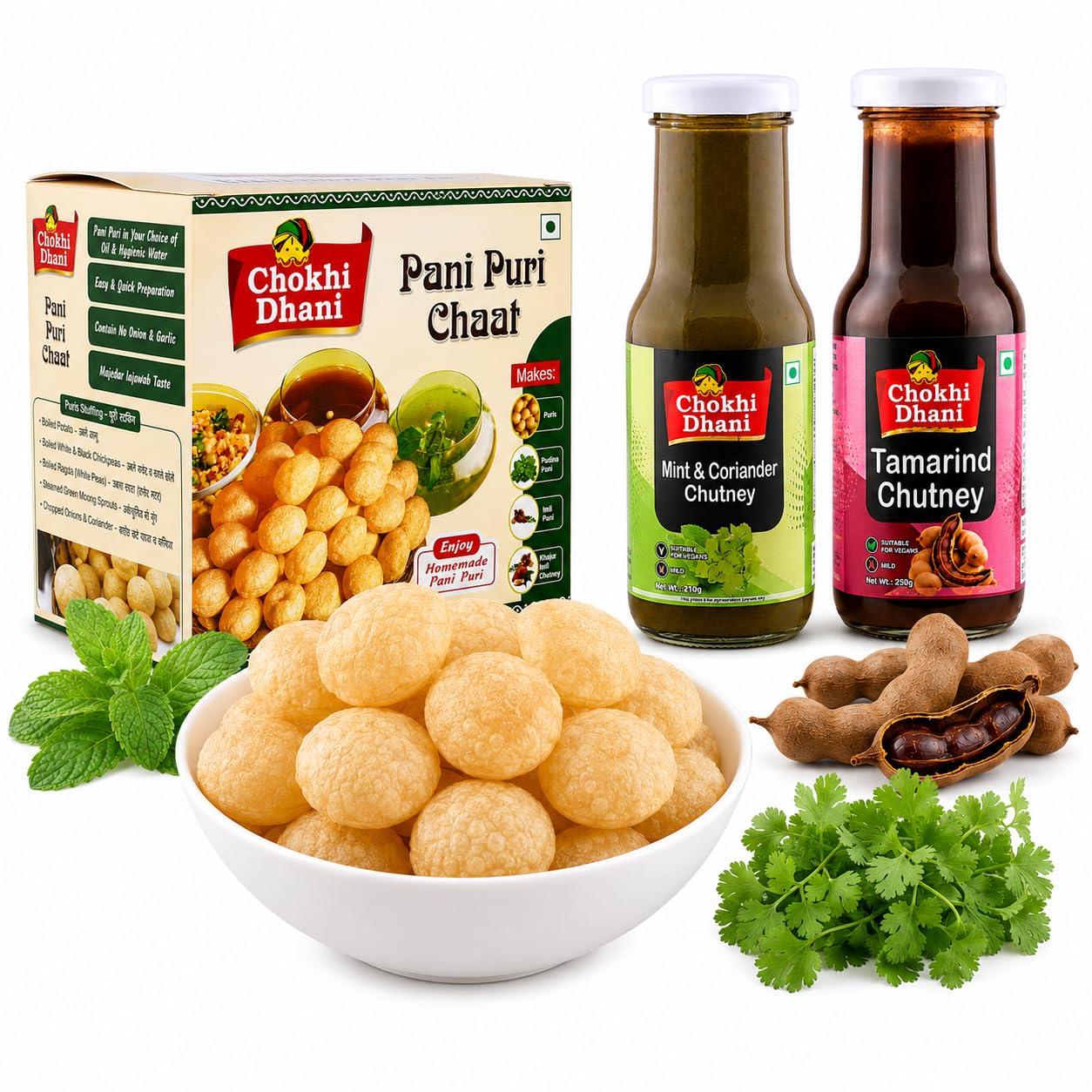 Chokhi Dhani Pani Puri Chaat Kit with Mint & Coriander Chutney (210g) & Tamarind Chutney (250g) | Crispy Flat Puris, Pudina Pani & Imli Chutney | No Onion No Garlic