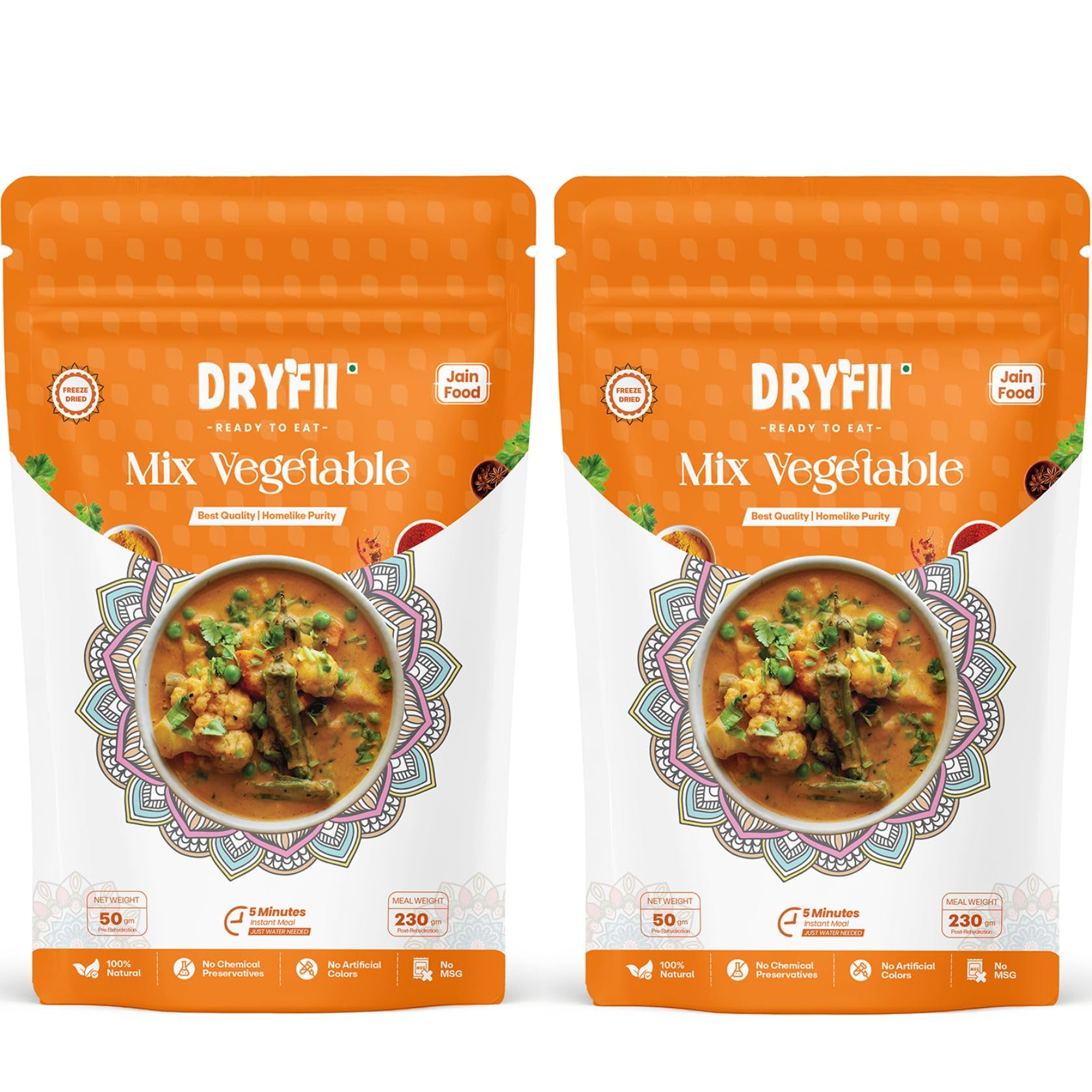 Dryfii Ready-to-Eat Instant Jain Mix Vegetable | Pure Veg | Freeze Dried | No Onion, No Garlic | Rehydrated Weight 460 g