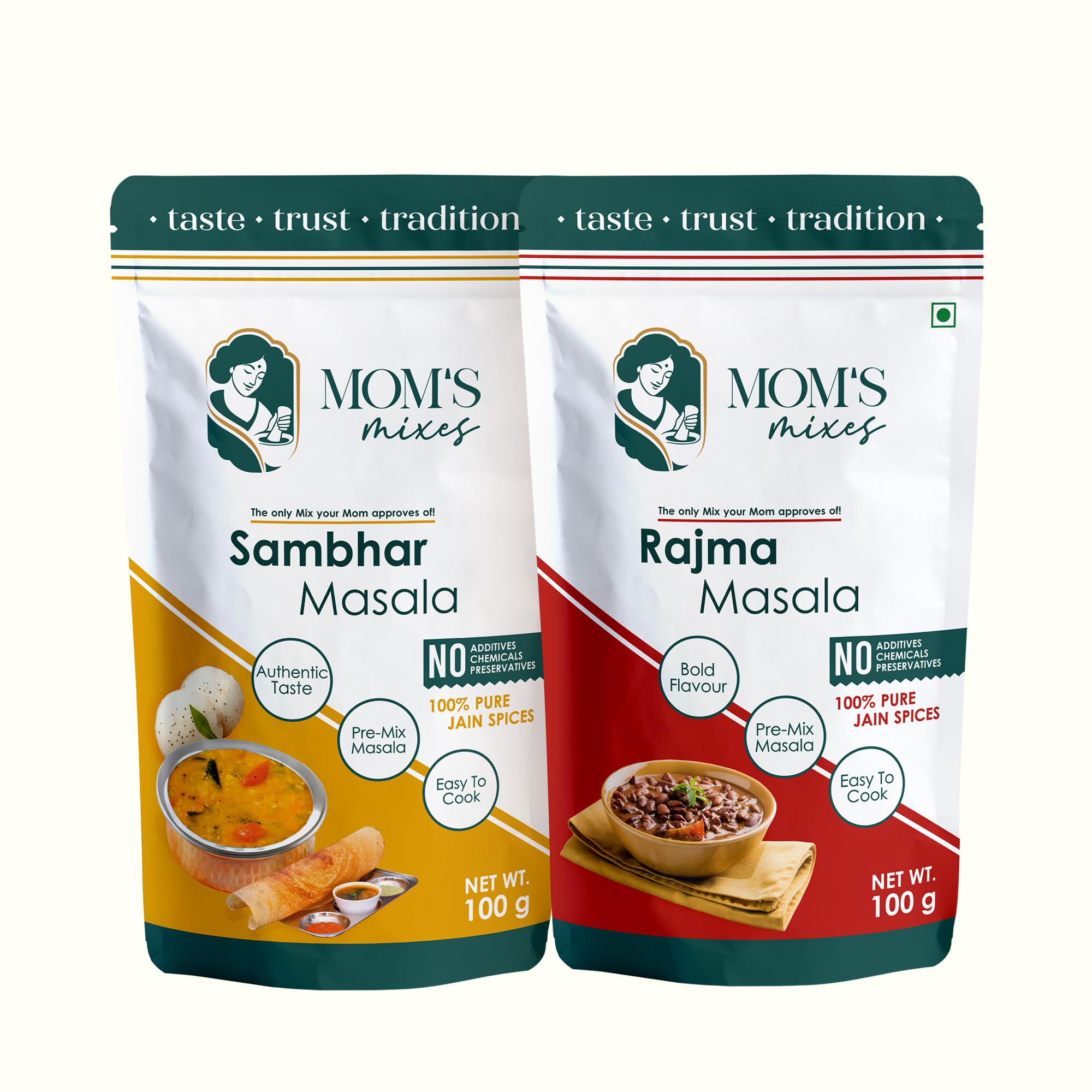 Mom’s Mixes Combo of 2 | Sambhar Masala + Rajma Masala | 100% Pure Jain Premix Spices | No Onion No Garlic | No Preservatives | No MSG | No Added Colours | 200g