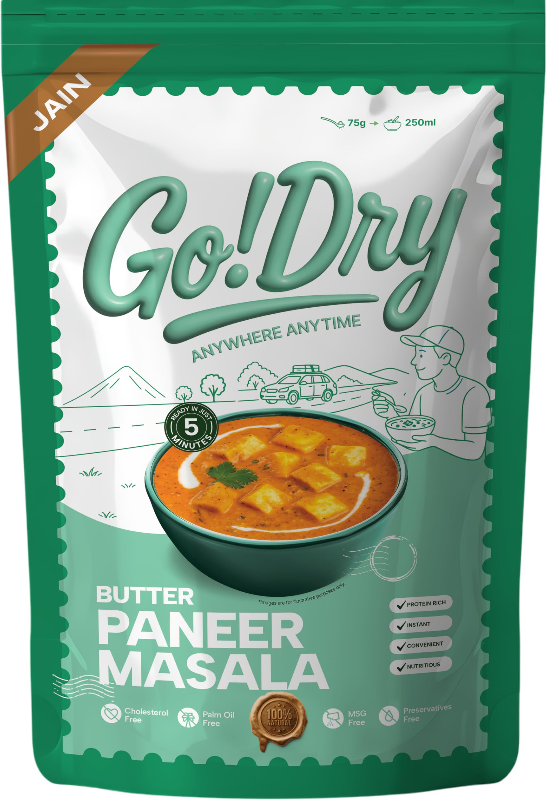 Go!Dry Jain Butter Paneer Masala | Ready to Eat Indian Meal | No Onion No Garlic | No Preservatives & No Palm Oil | 75g