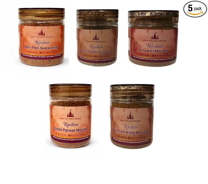 Rasikan Jain Satvik Masala Combo – Kitchen King, Sambhar, Biryani, Pasta Noodle TasteMaker, Shahi paneer (Net wt 480g) No Onion No Garlic | Freshly Ground Small Batch Spices | No Added Colour or Preservatives | Perfect for Bhog, Satvik & Everyday Cooking