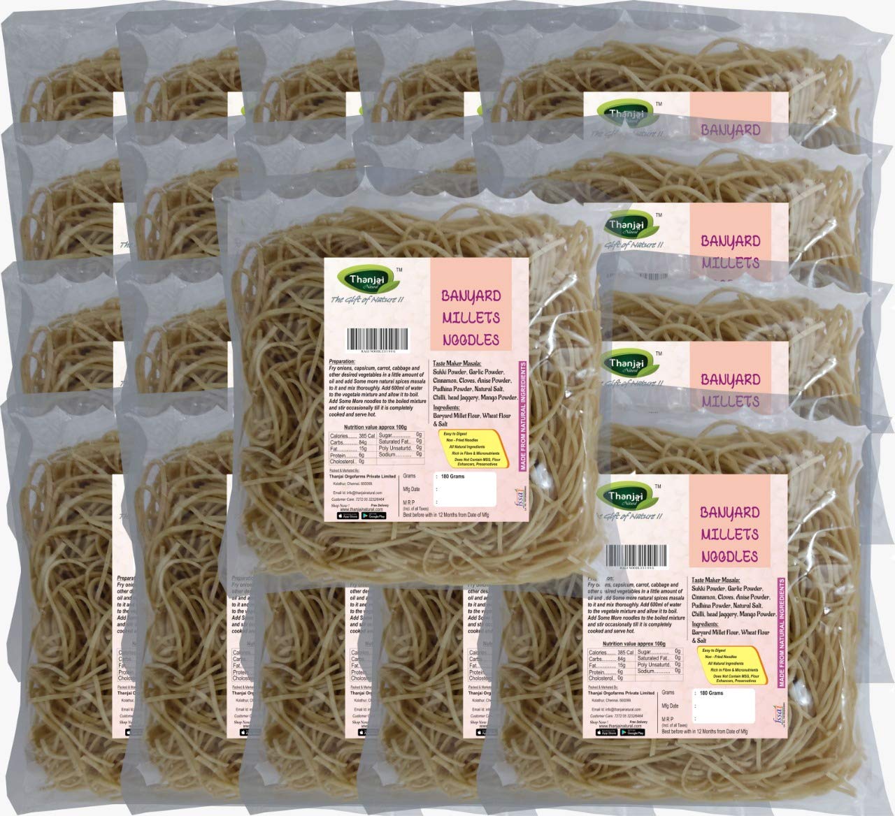 Thanjai Natural Barnyard Millet Noodles 180 Grams X 20 (3600 Grams) of Homemade Natural Millet Noodles( No Preservatives, No Chemicals, No Artificial Extract)