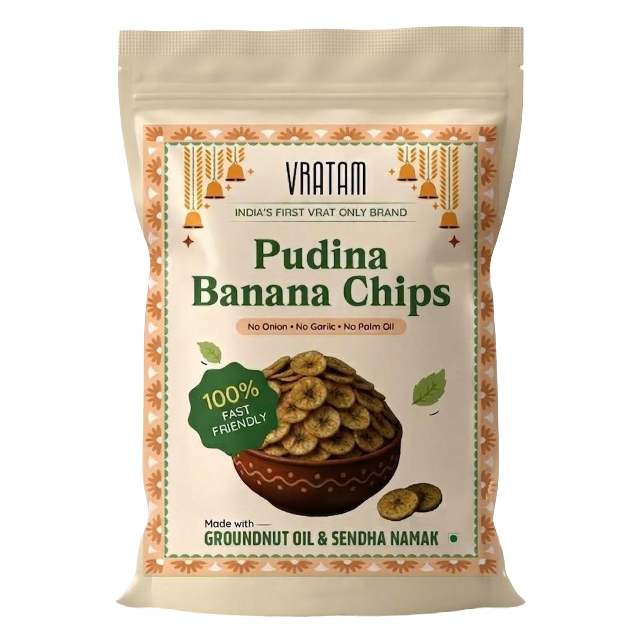 Vratam Pudina Banana Chips | Healthy Snacks for Diet | No Onion No Garlic No Palm Oil | Tasty Homemade Pudina Banana Chips | Thinnest Namkeen chips made in Groundnut Oil | 60G (pack of 1)