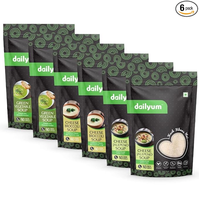 Dailyum Premium Instant Soup Combo of 6 | No Onion No Garlic | 2 Green Veg. Soup 50g | 2 Cheese Broccoli Soup 50g | 2 Cheese Jalepeno Soup 50g | Natural | No MSG | Jain