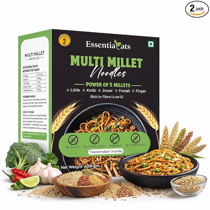 Essentiaeats Multi Millet Hakka Noodles Includes Tastemaker 400g Pack of 2, No Maida Not Fried No Preservatives No MSG Healthy Noodles Ready to Cook