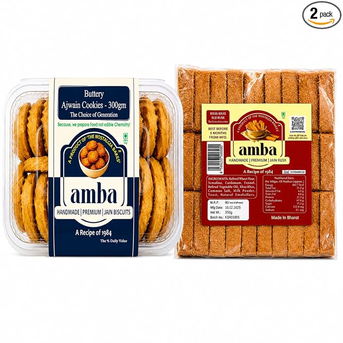 Amba Handmade Premium Jain Snack Combo | Buttery Ajwain Cookies 300g & Khas-Khas Suji Rusk 350g | Crispy Tea-Time Biscuits & Rusk | Fresh Bakery Snacks | Vegetarian Delight