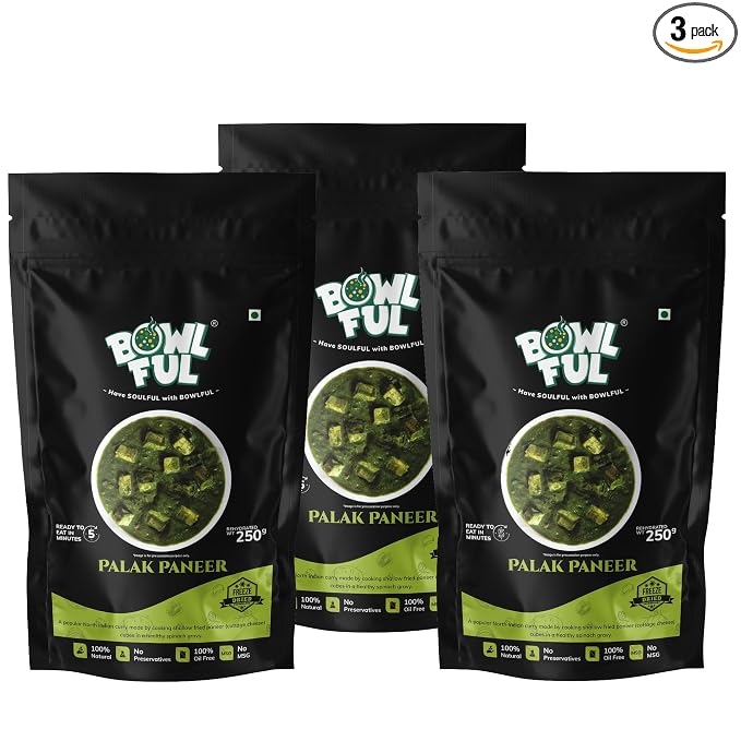 BowlFul Palak Paneer, 50 GMS, Creamy Spinach Based Gravy with Cottage Cheese and No Onion or Garlic | Pure Natural, Freeze Dried Food (Pack of 3)