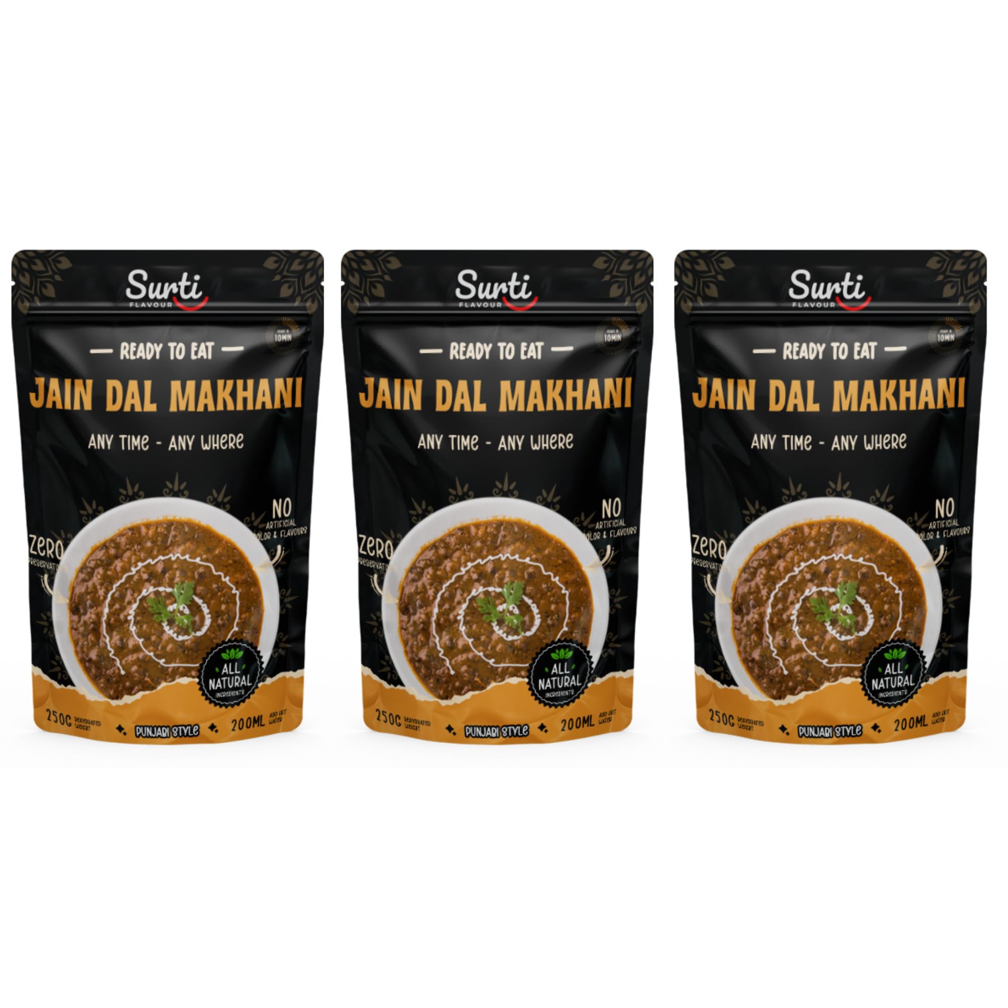 Surtiflavour Jain Dal Makhani, Ready to Eat, 250 Gram, Gluten-Free, Preservative-Free, Instant Indian Cuisine, Vegetarian (Pack of 3)