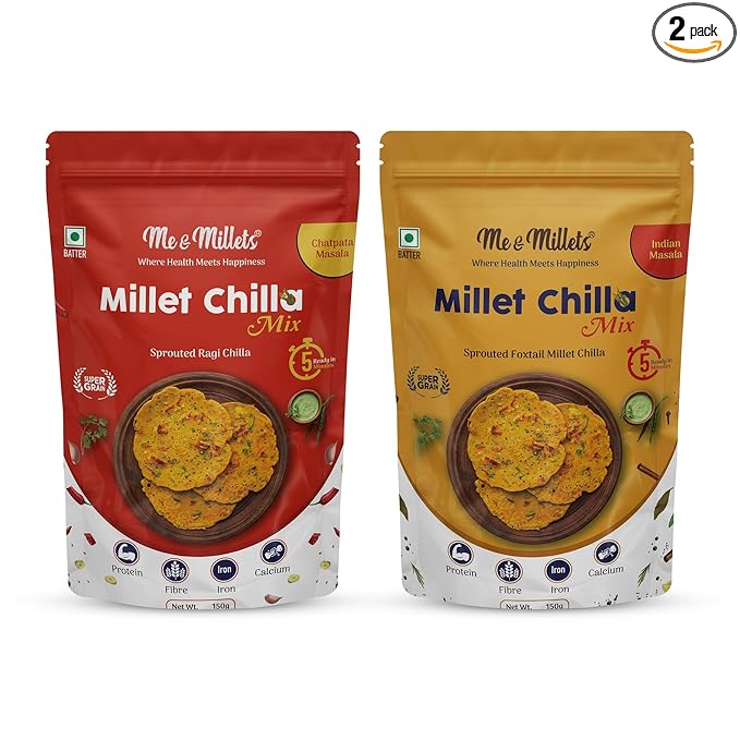 ME & MILLETS Sprouted Ragi Chilla & Foxtail Millet Chilla Mix Combo (150gX2) - Chatpata & Indian Masala, No Preservatives, Natural Healthy Protein & Fiber-Rich Breakfast For Family (Jain Friendly)