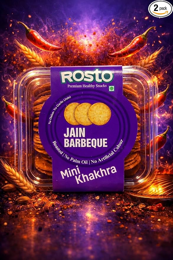 Rosto Mini Coin Khakhra Jain Barbeque Flavour, Roasted, No Palm Oil, No Artificial Colour, 200 g (Pack of 2) total 400g