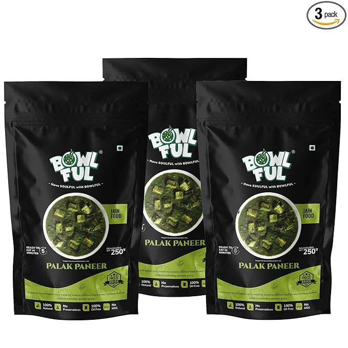 BowlFul Jain Palak Paneer, 50 GMS, Creamy Spinach Based Gravy with Cottage Cheese and No Onion or Garlic. Pure Natural, Freeze Dried Food (Pack of 3)