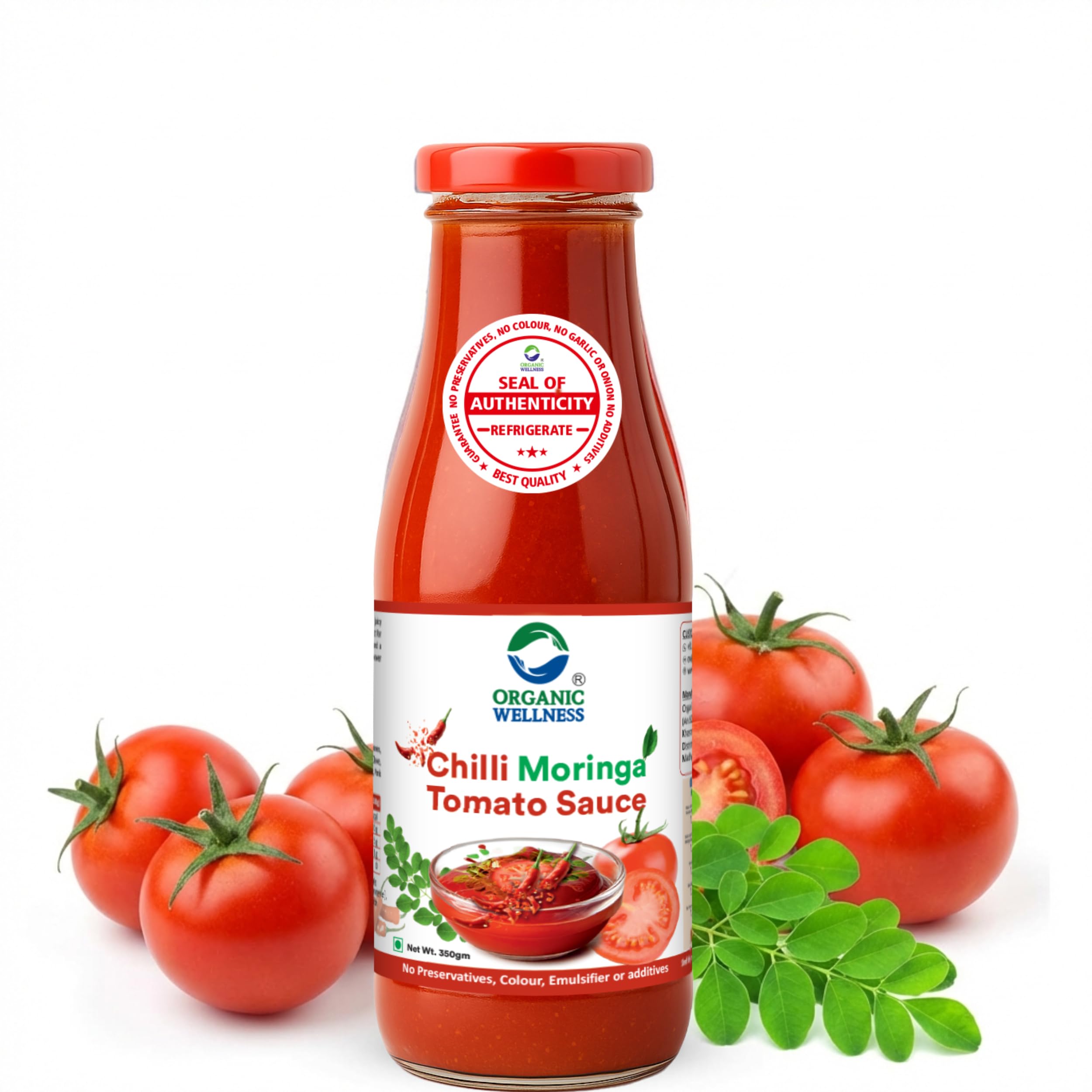 Organic Wellness Moringa Tomato Red Chilli Sauce Bottle I No Added Preservatives Or Colors | All Natural Ingredients | No Onion & Garlic |100% Veg & Fresh Tomatoes Used (350 Gram - Pack Of 1)