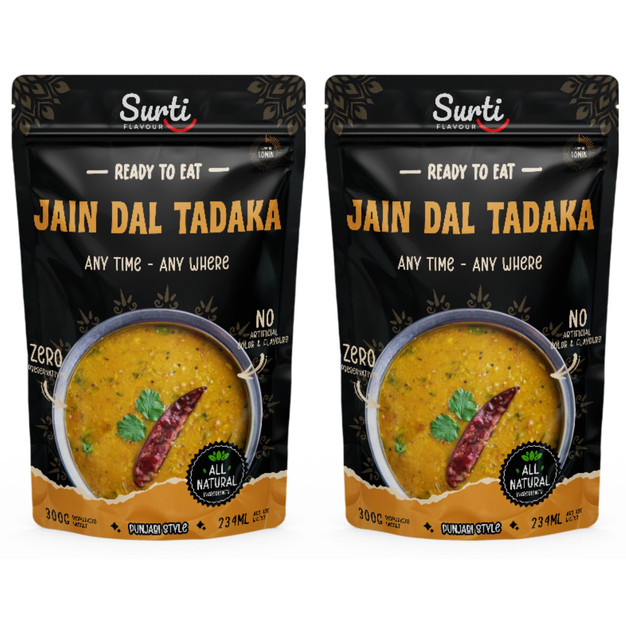Surti Jain Dal Tadka Ready To Eat 300g Punjabi Style Dal Instant Meal Protein Rich Indian Curry No Artificial Colors Flavours Anytime Food (Pack of 2)