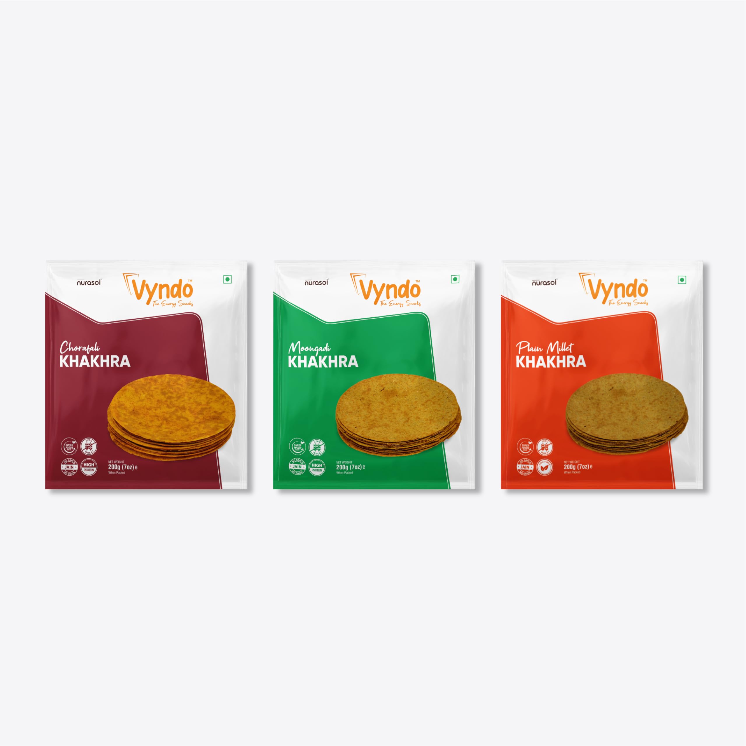 Vyndo Jain Khakhra Combo - Pack of 3 (200g each), Millet Snacks, Gluten Free, Healthy Snack Options (Plain Millet Khakhra, Chorafarli Khakhra, Moongdi Khakhra), No Garlic, No Ginger