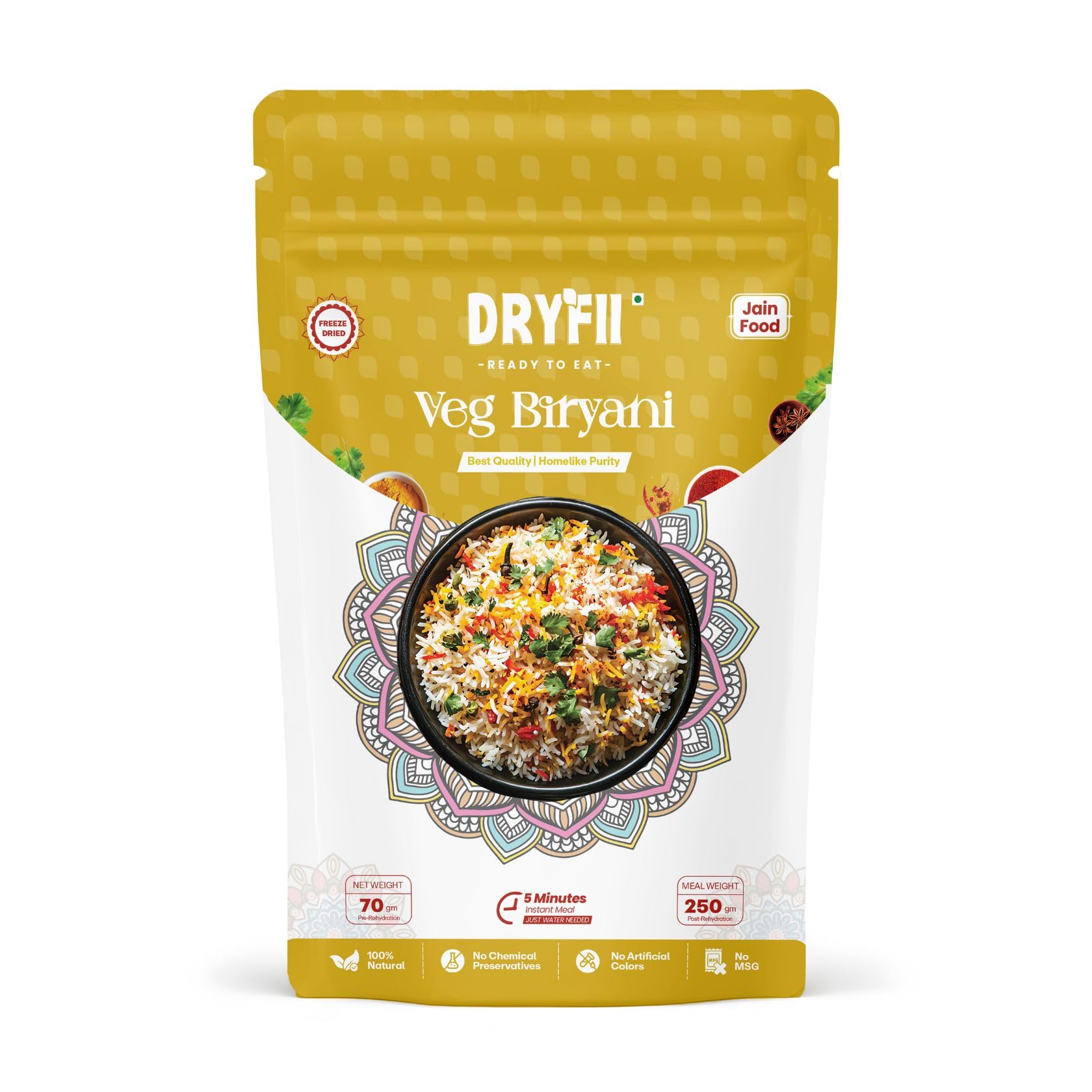 Dryfii Ready-to-Eat Instant Jain Veg Biryani | Pure Veg | Freeze Dried | No Onion, No Garlic | Rehydrated Weight 250 g