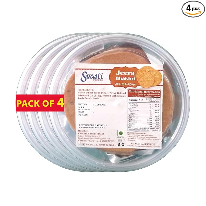 Svasti Dry Whole Wheat Jeera Bhakhri Snacks - 200 gms (Pack Of 4) | Roasted Healthy Gujarati Snacks | No Maida | No Artificial Colours | No Onion & Garlic | Vacuum Packed