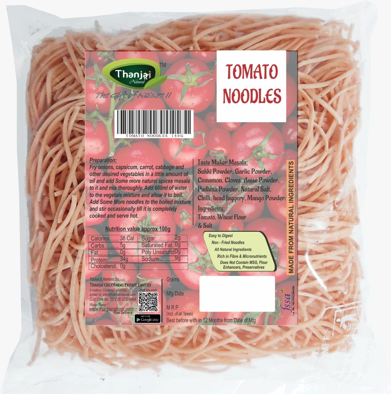 Thanjai Natural Tomato Noodles 180 Grams of Homemade Natural Noodles (No Maida Hakka Noodles, Not Fried, No MSG, Classic and Mild Millet Noodles No Maida Hakka Noodles, Not Fried, No MSG, Classic Millet and Mild Millet Noodles No Preservatives, No Chemicals, No Artificial Extract)