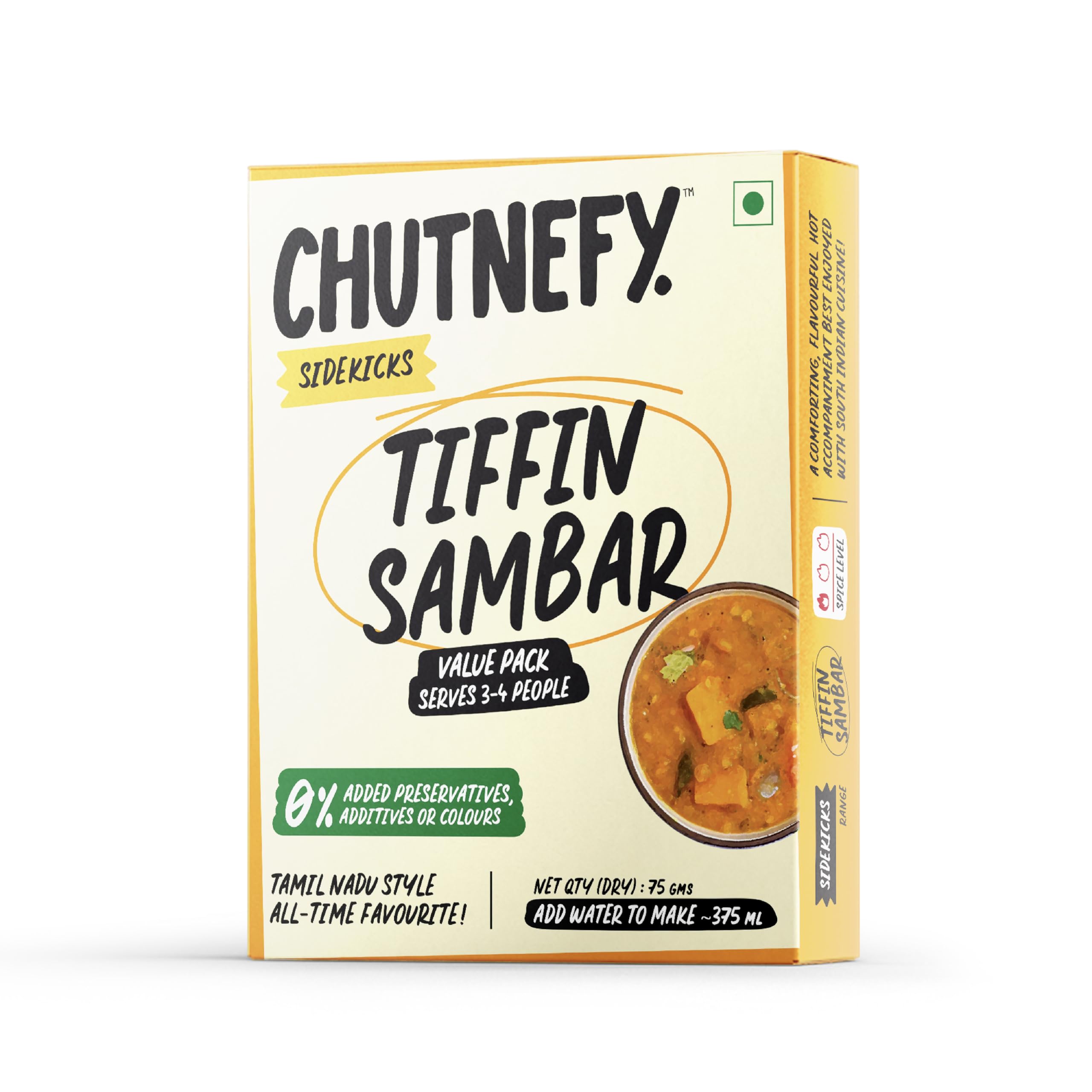 Chutnefy Tiffin Sambar | 75g Freeze-Dried Instant Dry Mix | Just Add Water to make 5-6 servings (375g) | 0% Preservatives or Additives