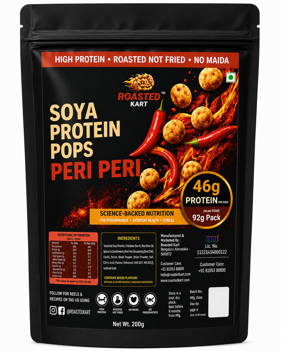 Roasted Kart Soya Protein Pops, Peri Peri Flavour, High Protein 92g per Pack, Roasted Not Fried, No Maida, 200g