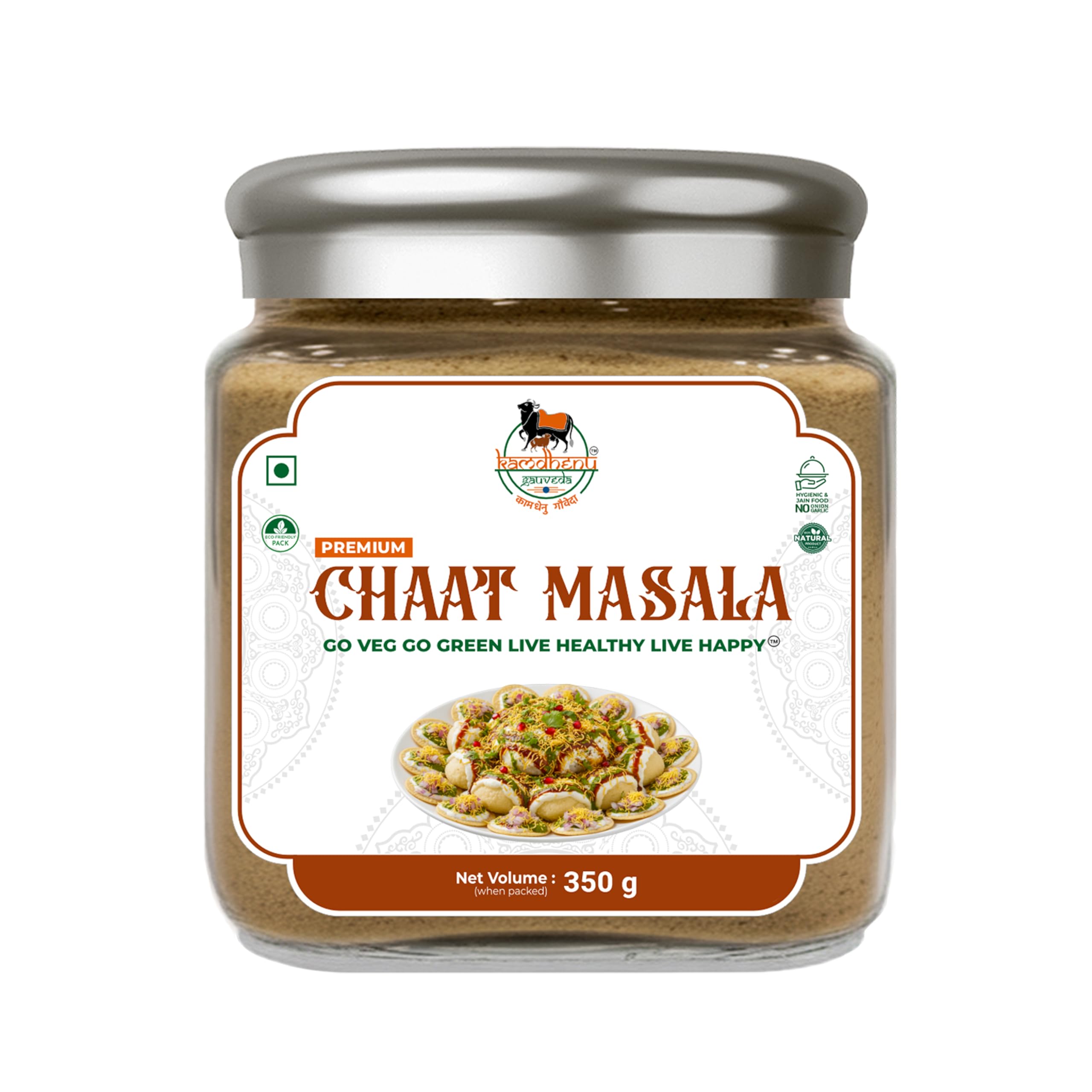 Satvik Sanatani Swaminarayan Jain Vegan Chatpata Chaat Masala 350g | Cumin, Coriander, Pudina, Pink & Black Salt | No Onion No Garlic | No Preservatives | FSSAI Certified | Glass Jar with Steel Cap