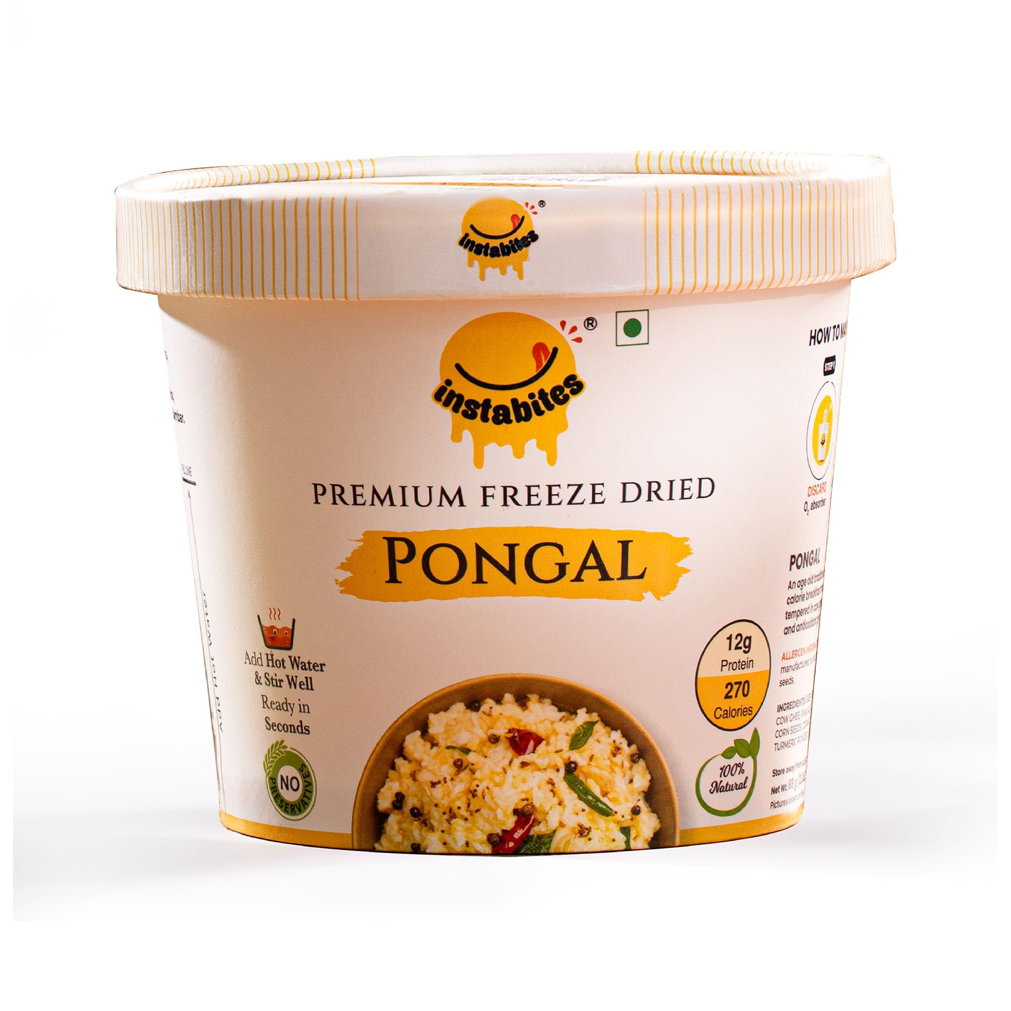 Instabites Ready to Eat Pongal 65g, No Added Preservatives and Ready to Eat in Minutes - Pack of 1