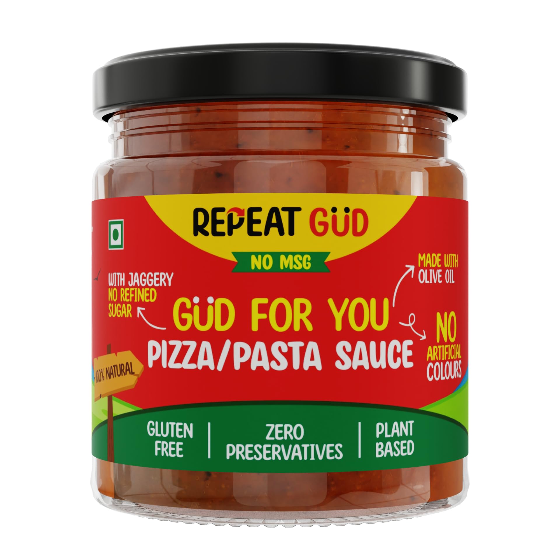 REPEAT GUD Healthy Pizza/Pasta Sauce | 100% Natural Ingredients | No MSG | No GMO | No Refined Sugar, Made With Jaggery | Made With Olive Oil | 100% Chemical & Preservative Free | GUD For Kids | 180 gm