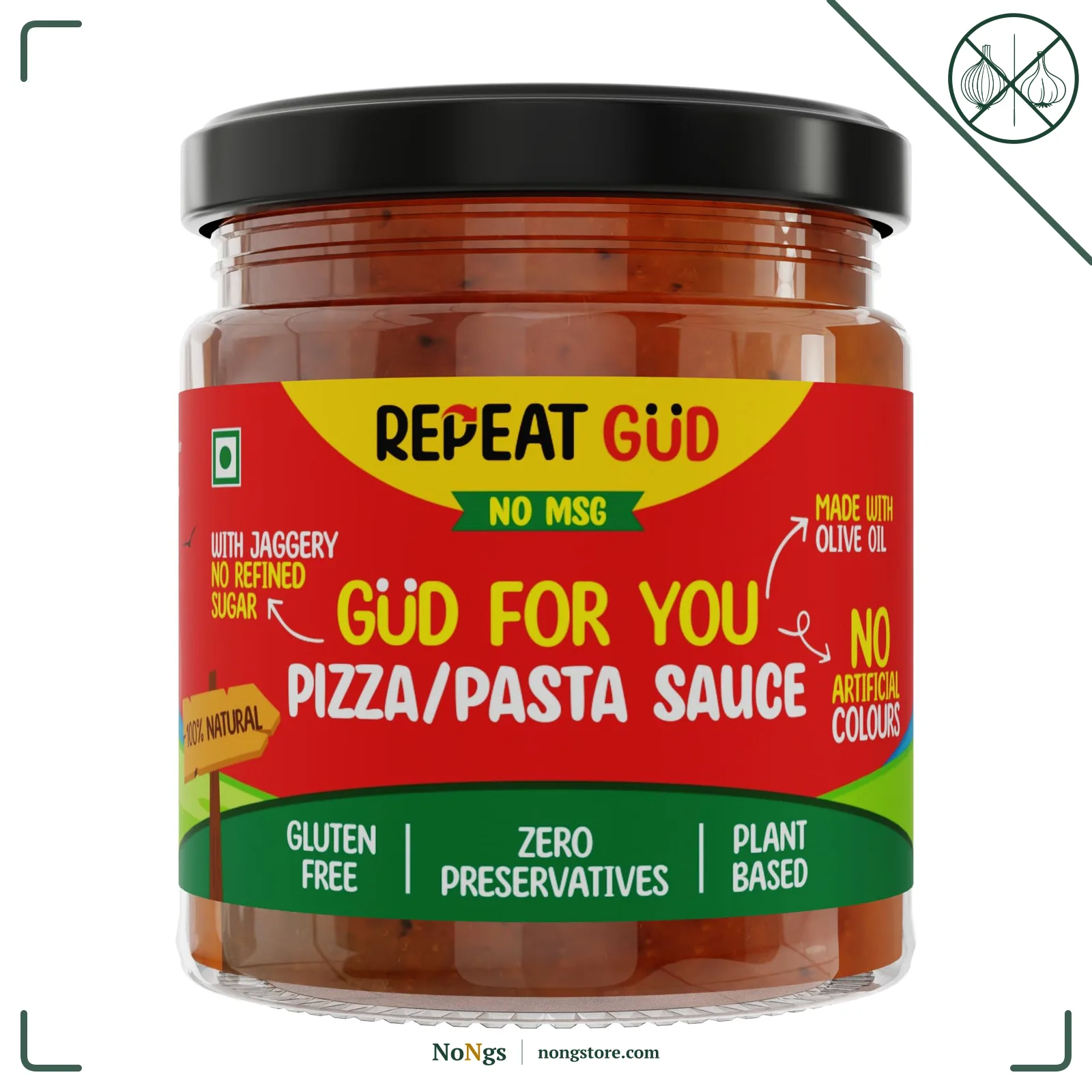REPEAT GUD Healthy Pizza/Pasta Sauce | 100% Natural Ingredients | No MSG | No GMO | No Refined Sugar, Made With Jaggery | Made With Olive Oil | 100% Chemical & Preservative Free | GUD For Kids | 180 gm