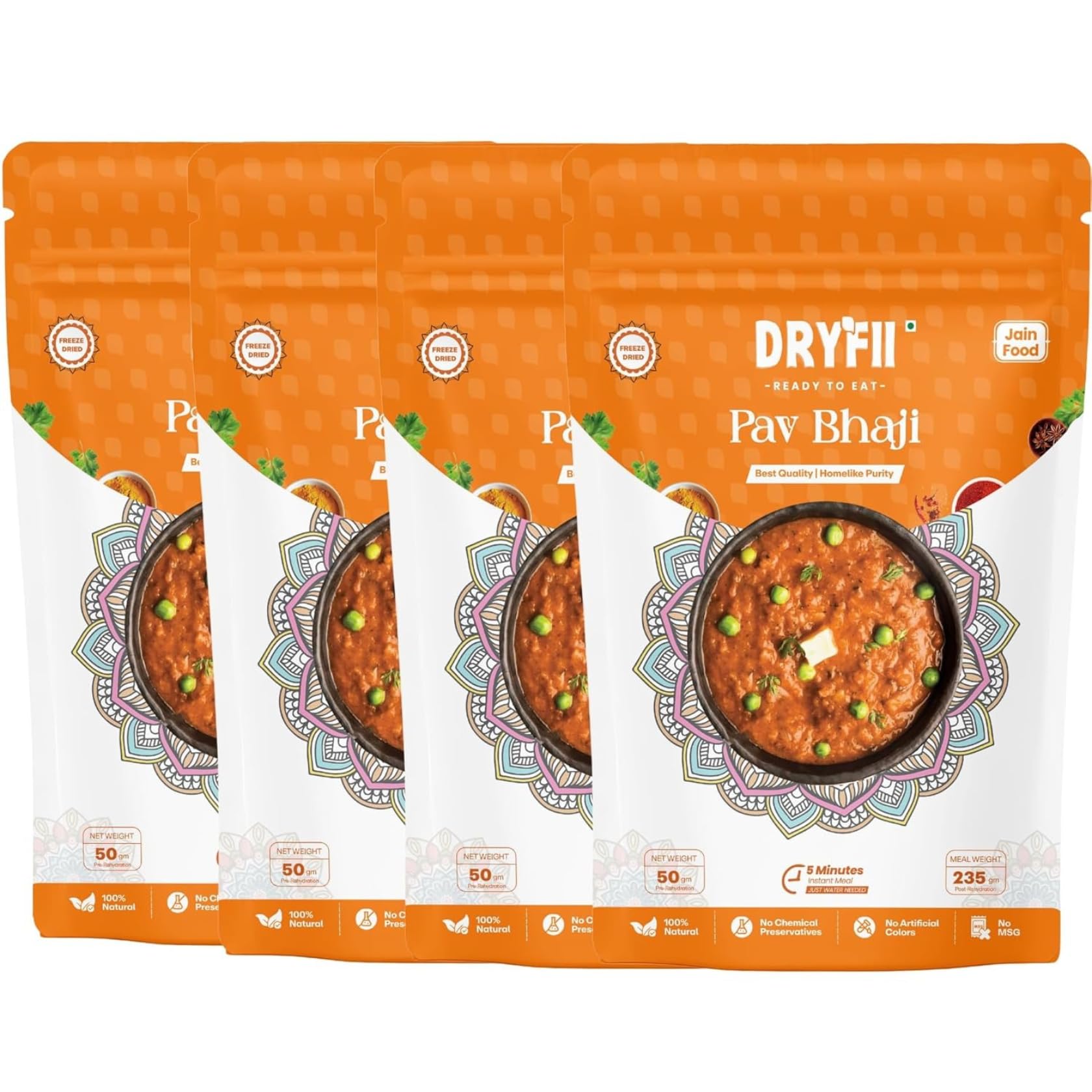Dryfii Ready-to-Eat Instant Jain Pav Bhaji | Pure Veg | Freeze Dried | No Onion, No Garlic | Rehydrated Weight 940 g (Pack of 4)