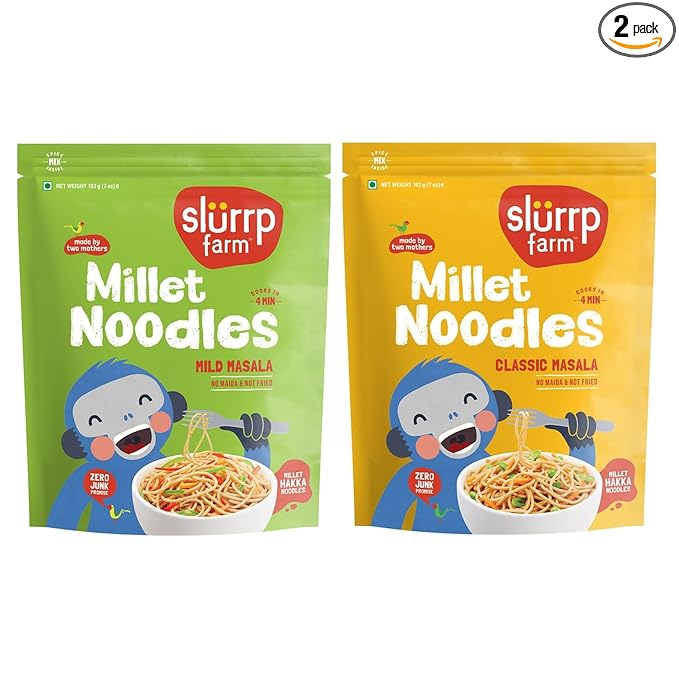 Slurrp Farm No Maida Hakka Noodles, Not Fried, No MSG, Classic Millet and Mild Millet Noodles Combo, Pack of 2, 192g Each
